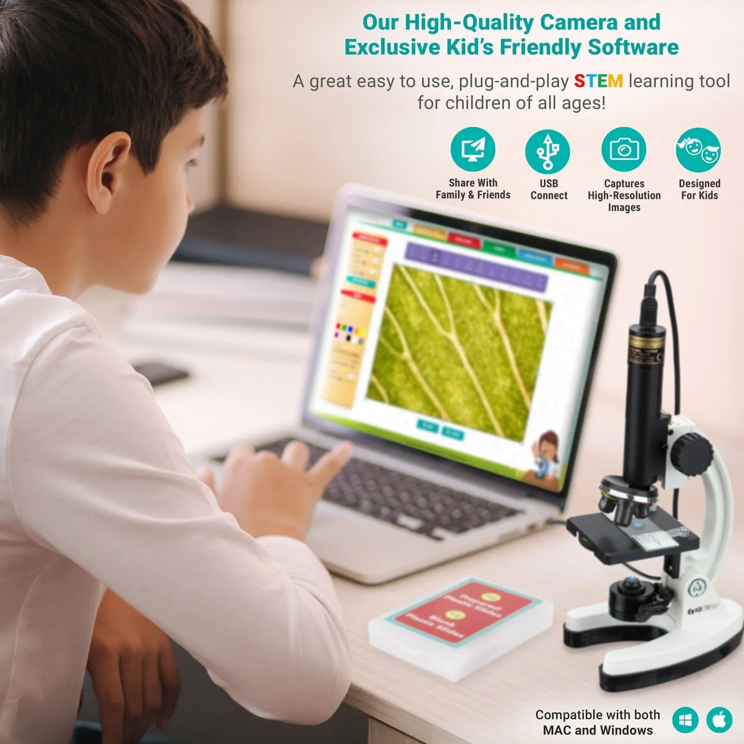 IQCrew By AmScope 85  piece Kid's Premium Compound Microscope, Color Camera and Interactive Kid's Software Kit with Educational Experiment Cards