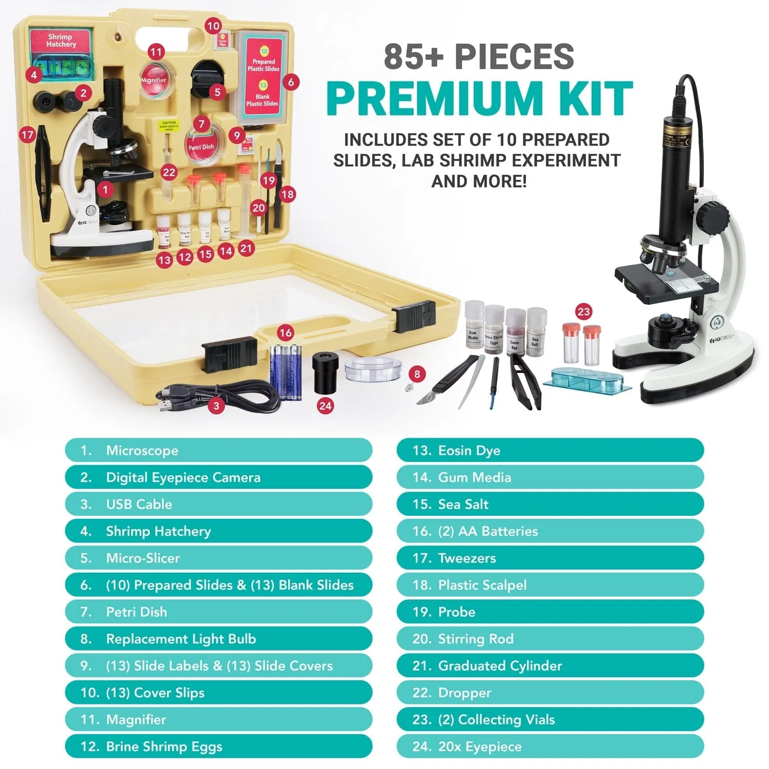 IQCrew By AmScope 85  piece Kid's Premium Compound Microscope, Color Camera and Interactive Kid's Software Kit with Educational Experiment Cards