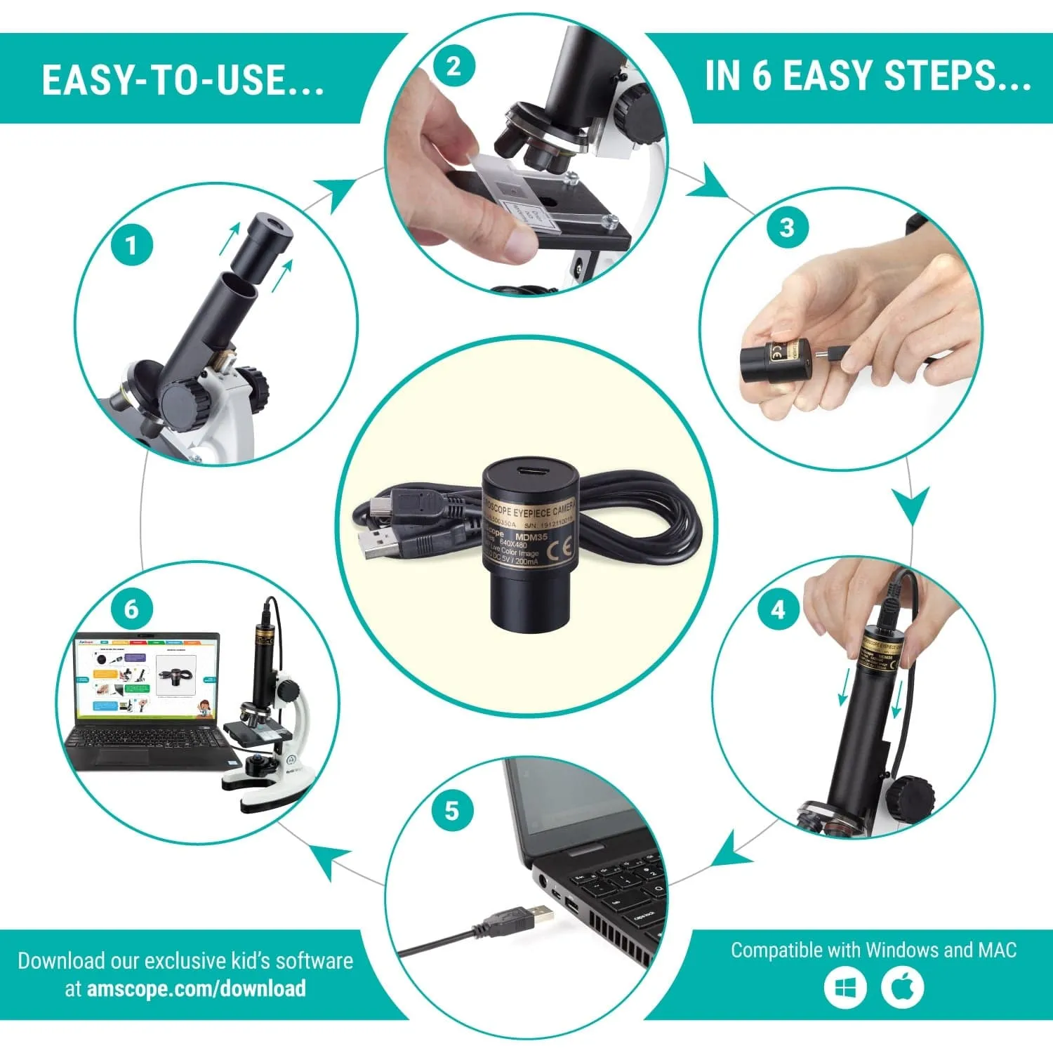 IQCrew By AmScope 85  piece Kid's Premium Compound Microscope, Color Camera and Interactive Kid's Software Kit with Educational Experiment Cards