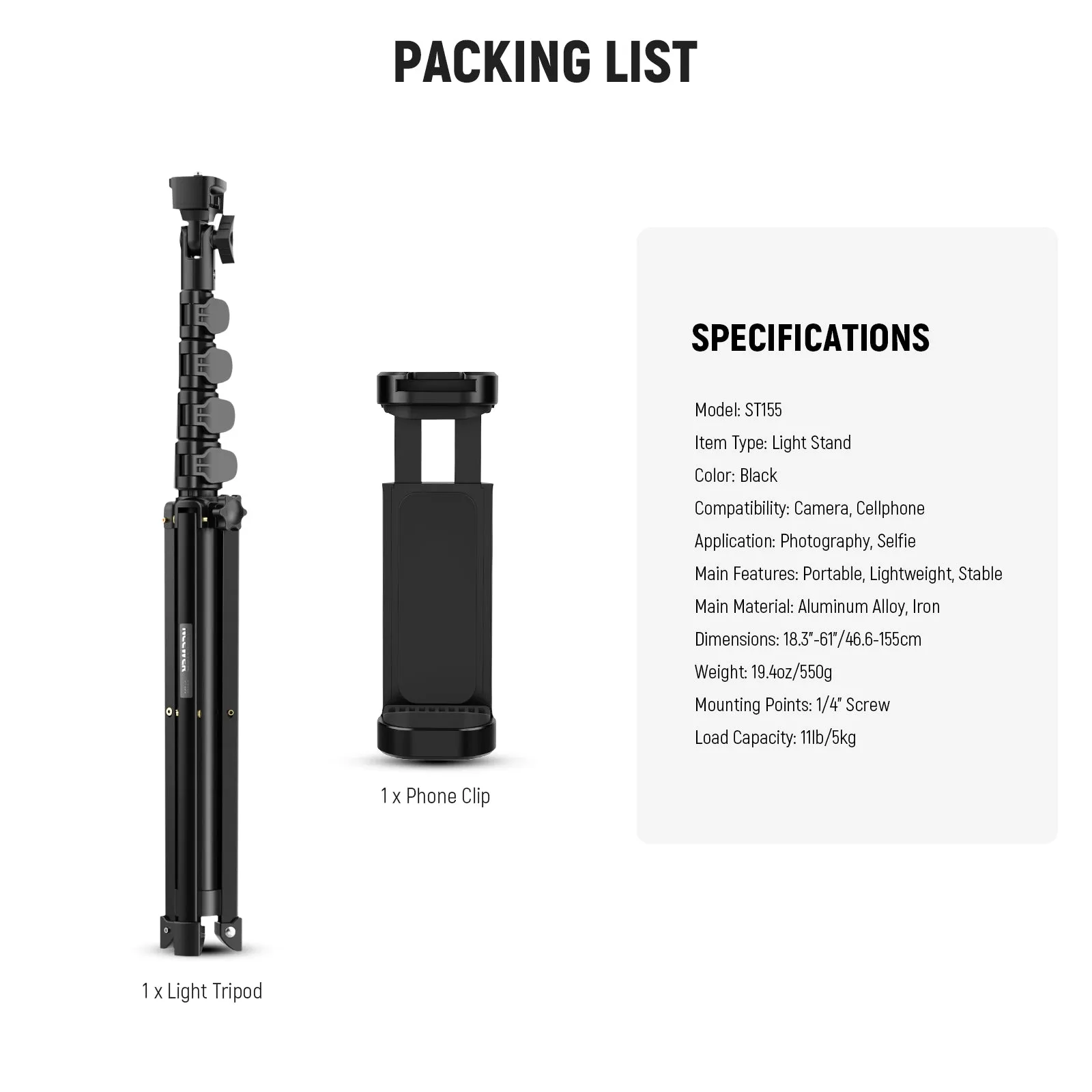 NEEWER ST155 Telescopic Phone Light Tripod