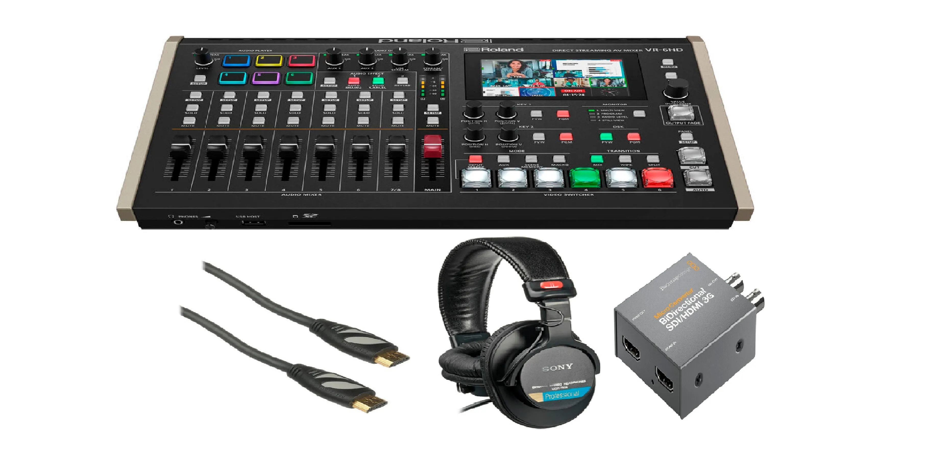 Roland VR-6HD Direct Streaming AV Mixer Bundle with Sony Headphones   Micro Converter & Cable KIT