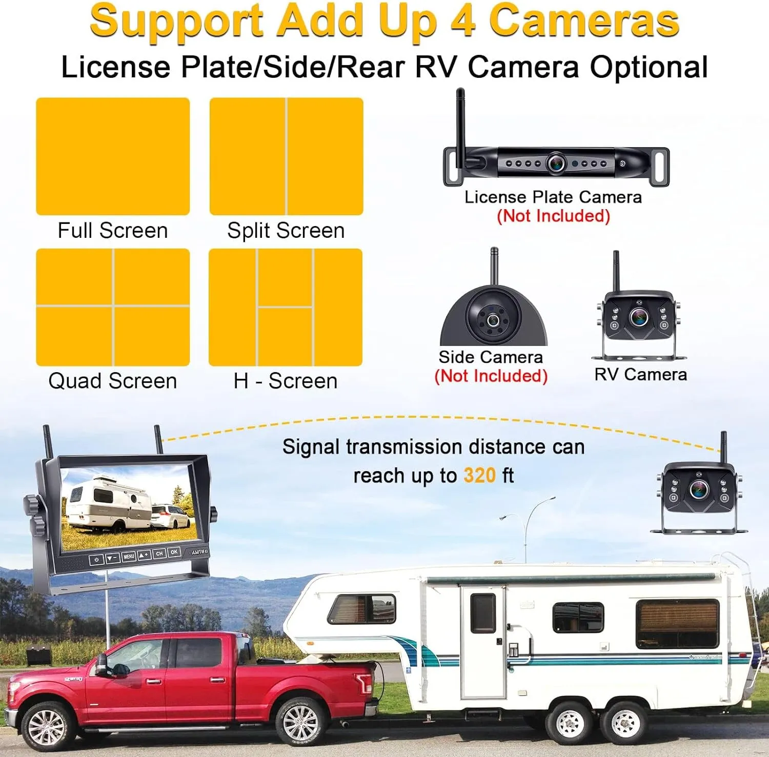 Wireless 7-Inch Backup Camera for Furrion RV – Easy Plug-and-Play Setup with Split Screen and 4 Channels