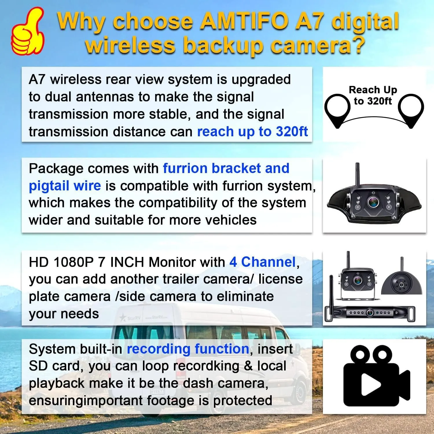 Wireless 7-Inch Backup Camera for Furrion RV – Easy Plug-and-Play Setup with Split Screen and 4 Channels